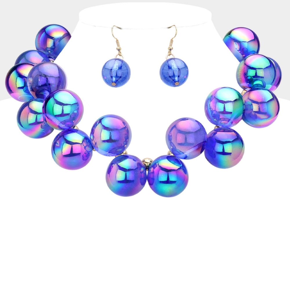 Royal Blue Iridescent Ball Necklace Set Chunky Beaded Fun Statement Jewelry